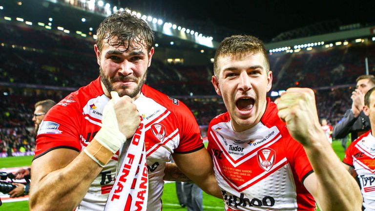 Picture by Alex Whitehead/SWpix.com - 11/10/2014 - Rugby League - First Utility Super League Grand Final - St Helens v Wigan Warriors - Old Trafford, Manchester, England - St Helens' Alex Walmsley and Mark Percival celebrate.