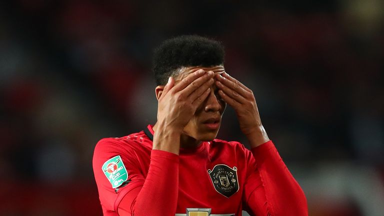 Mason Greenwood of Manchester United reacts during the Carabao Cup Third Round match between Manchester United and Rochdale AFC at Old Trafford 