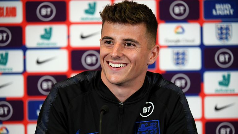Mason Mount speaks during an England press conference at St. George's Park