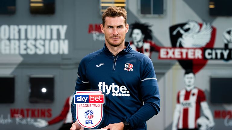 Exeter City's Matt Taylor receives the Sky Bet League Two Manager of the Month Award for August 2019 - Ryan Hiscott/JMP - 12/09/2019 - SPORT - Exeter City Training Ground - Exeter, England - Sky Bet League Two Manager of the Month - Exeter City's Matt Taylor for August 2019