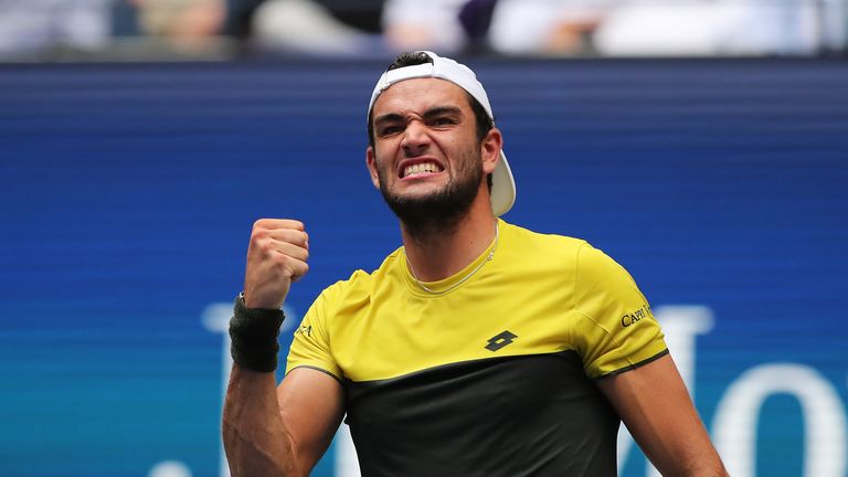 Matteo Berrettini of Italy celebrates a point during his Men's Singles quarterfinal match against Gael Monfils of France on day ten of the 2019 US Open at the USTA Billie Jean King National Tennis Center on September 04, 2019 in the Queens borough of New York City. 