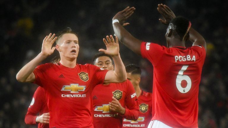 Scott McTominay of Manchester United celebrates scoring their first goal during the Premier League match between Manchester United and Arsenal FC at Old Trafford on September 30, 2019 in Manchester, United Kingdom. 