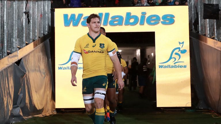 AUCKLAND, NEW ZEALAND - AUGUST 17: Michael Hooper of the Wallabies leads his team onto the field during The Rugby Championship and Bledisloe Cup Test match between the New Zealand All Blacks and the Australian Wallabies at Eden Park on August 17, 2019 in Auckland, New Zealand. (Photo by Hannah Peters/Getty Images)