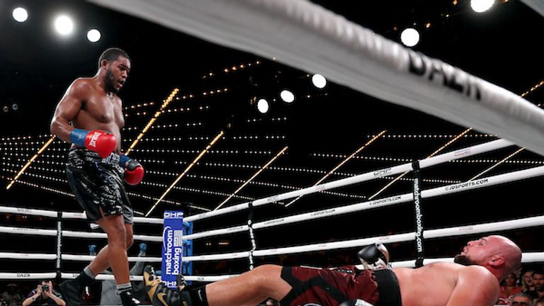 September 13, 2019; New York, NY, USA; Michael Hunter and Sergey Kuzmin during their bout at the Hulu Theater at Madison Square Garden. Mandatory Credit: Ed Mulholland/Matchroom Boxing USA