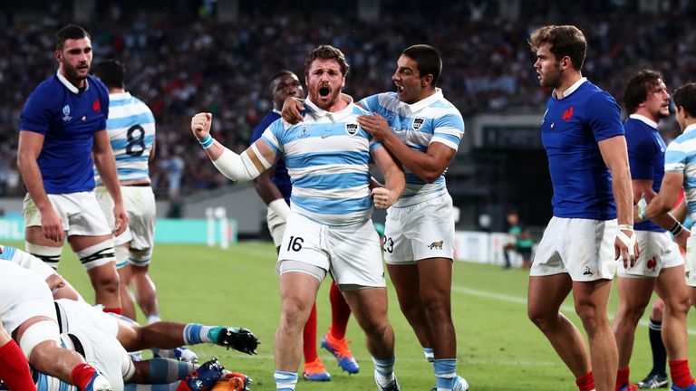 Julian Montoya celebrates notching Argentina's second try in Tokyo