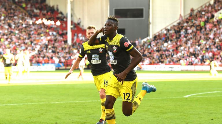 Moussa Djenepo celebrates after making it 1-0 to Southampton