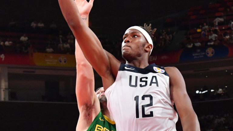 Myles Turner #12 of the USA Basketball Men's National Team shoots against Team Brazil during the 2019 FIBA World Cup Classification Round at the Shenzhen Bay Sports Center on September 9, 2019 in Shenzhen, China