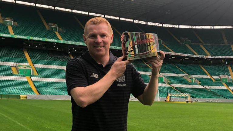 Celtic boss Neil Lennon at Celtic Park with his Scottish Premiership Manager of the Month for August award