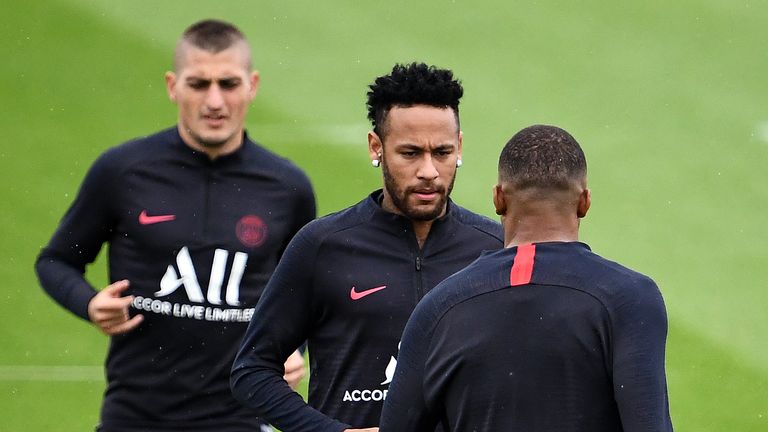 Neymar takes part in a training session on August 17, 2019,