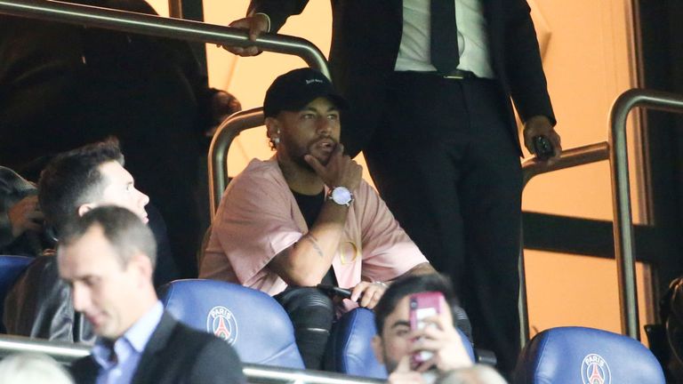 Neymar watching on during PSG's 3-0 win over Real Madrid