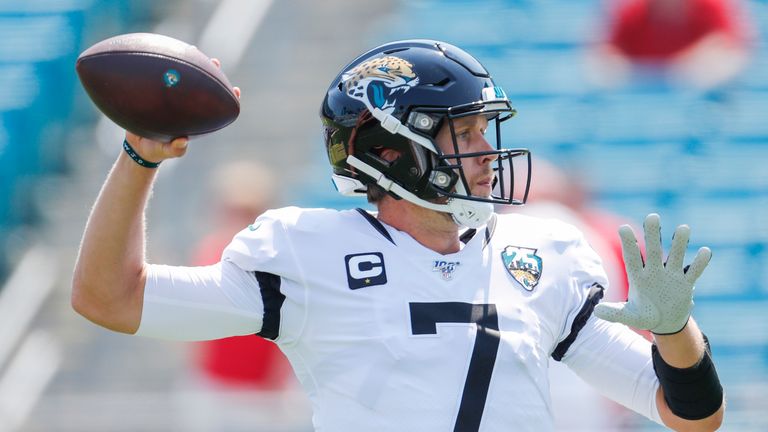 Nick Foles #7 of the Jacksonville Jaguars throws a pass during warmups before a game against the Kansas City Chiefs at TIAA Bank Field on September 08, 2019 in Jacksonville