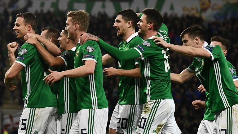 BELFAST, NORTHERN IRELAND - MARCH 24: Jonny Evans of Northern Ireland celebrates after scoring during the 2020 UEFA European Championships group C qualifying match between Northern Ireland and Belarus at Windsor Park on March 24, 2019 in Belfast, United Kingdom. (Photo by Charles McQuillan/Getty Images)
