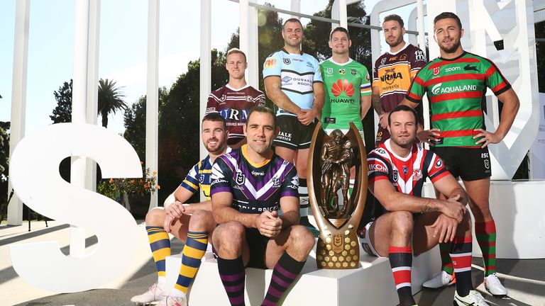 SYDNEY, AUSTRALIA - SEPTEMBER 09: Cameron Smith of the Storm, Boyd Cordner of the Roosters, Sam Burgess of the Rabbitohs, Jarrod Croker of the Raiders, Clint Gutherson of the Eels, Daly Cherry-Evans of the Sea Eagles, Wade Graham of the Sharks and Darius Boyd of the Broncos pose during the 2019 NRL Finals Series Launch at The Calyx on September 09, 2019 in Sydney, Australia. (Photo by Mark Metcalfe/Getty Images)
