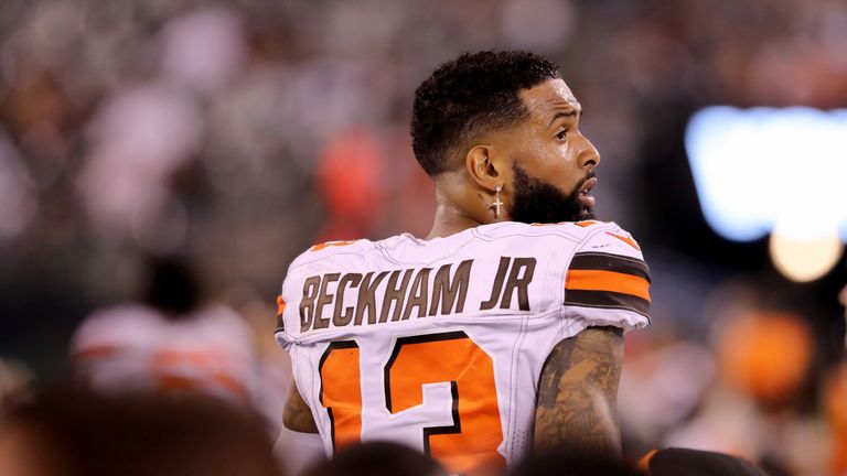 Odell Beckham Jr. of the Cleveland Browns looks on from the bench in the fourth quarter against the New York Jets at MetLife Stadium