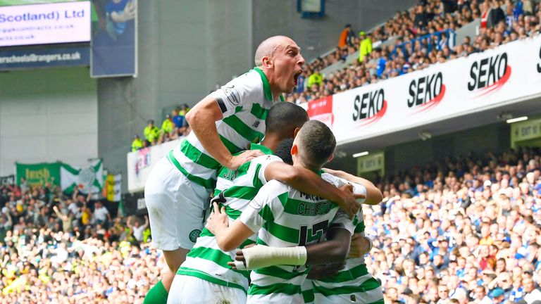 Celtic&#39;s Odsonne Edouard celebrates his goal against Rangers with his team-mates