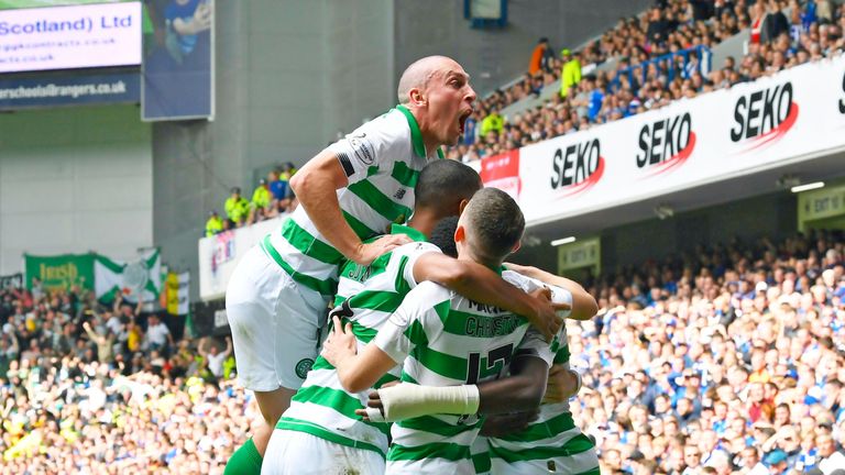 Celtic's Odsonne Edouard celebrates his goal against Rangers with his team-mates