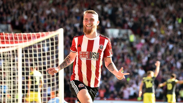 Oliver McBurnie celebrates after scoring a goal which is then disallowed for offside following a VAR review