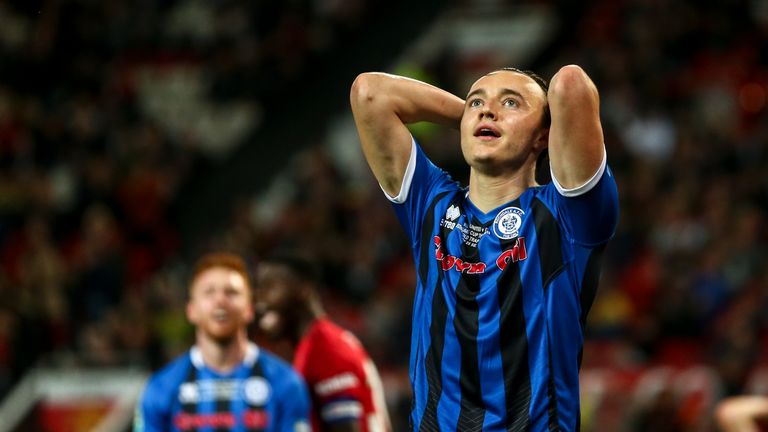 Oliver Rathbone of Rochdale reacts during the Carabao Cup Third Round match between Manchester United and Rochdale AFC at Old Trafford
