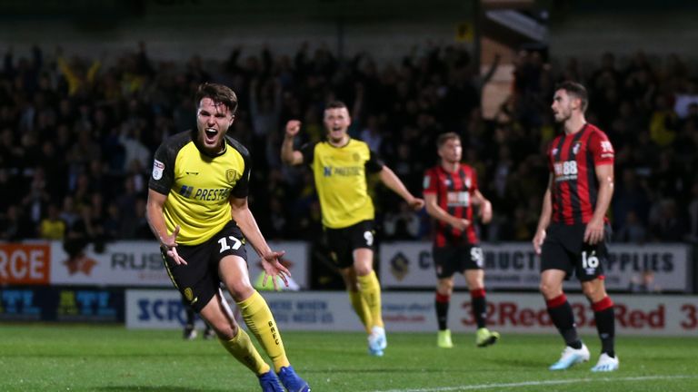 Burton Albion's Oliver Sarkic celebrates scoring against Bournemouth