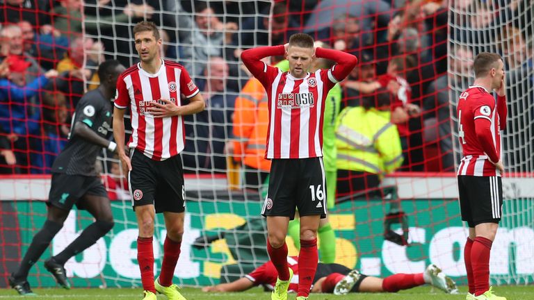 Sheffield United's Ollie Norwood and Chris Basham look dejected after they concede to Liverpool