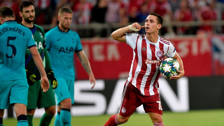 Daniel Podence celebrates for Olympiakos vs Tottenham 