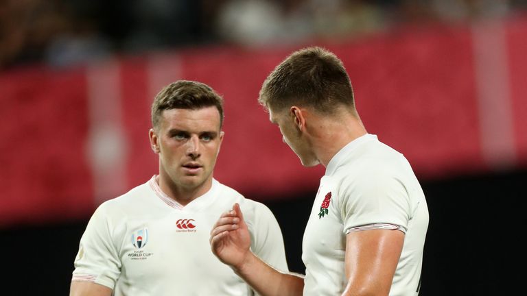 Owen Farrell talks to George Ford during England&#39;s Rugby World Cup 2019, Pool C match with Tonga