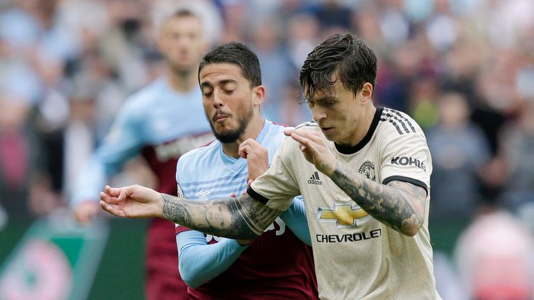 Pablo Fornals and Victor Lindelof in action during the Premier League match at the London Stadium