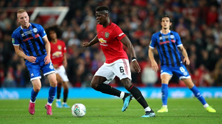 Paul Pogba in action for Manchester United against Rochdale