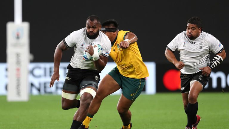 SAPPORO, JAPAN - SEPTEMBER 21: Peceli Yato of Fiji makes a break during the Rugby World Cup 2019 Group D game between Australia and Fiji at Sapporo Dome on September 21, 2019 in Sapporo, Hokkaido, Japan. (Photo by Shaun Botterill/Getty Images)