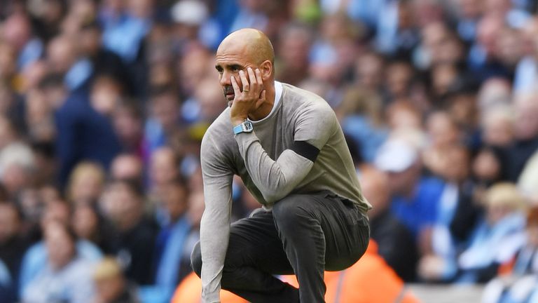 Pep Guardiola during the Premier League match between Manchester City and Brighton at Etihad Stadium on August 31, 2019