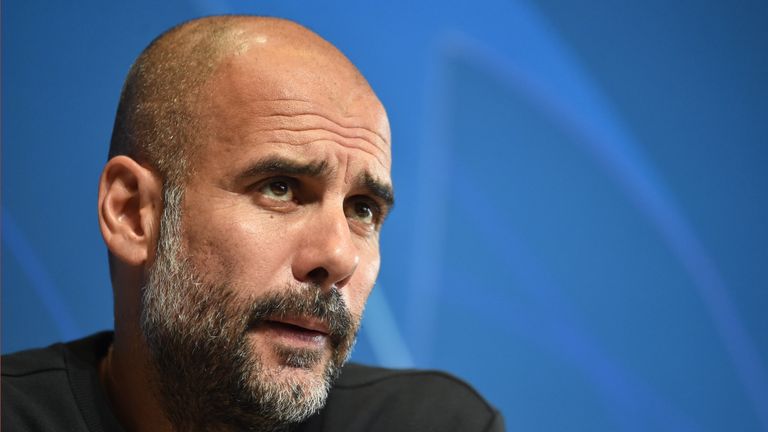 Pep Guardiola speaks during a Champions League press conference