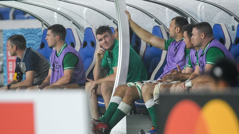 Peter O'Mahony of Ireland watches on from the substitutes bench after being subbed against Scotland