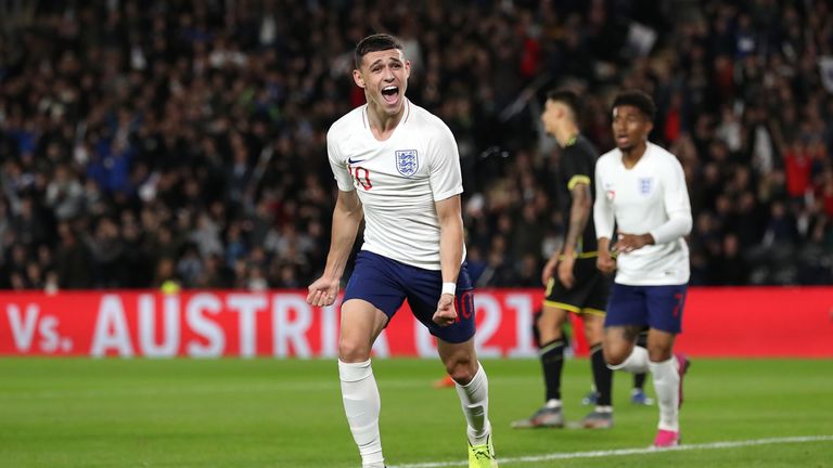 England's Phil Foden celebrates scoring his side's first goal of the game during the 2019 UEFA European U21 Championship match at the KCOM Stadium