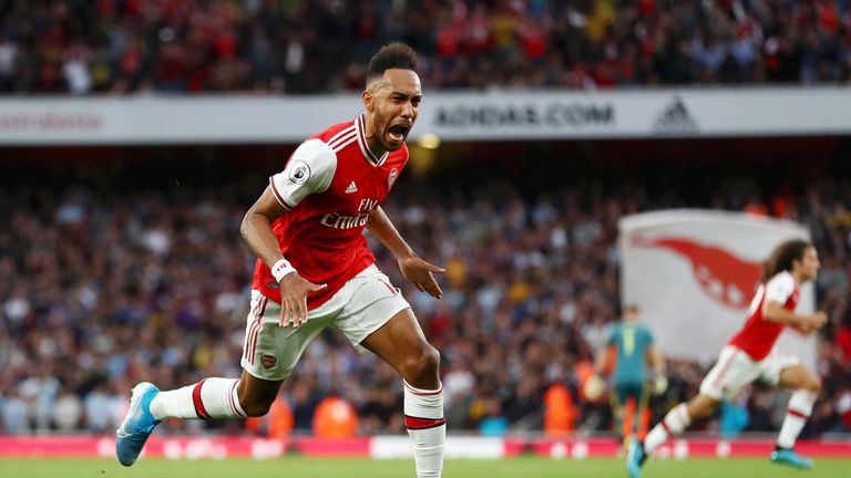 Pierre-Emerick Aubameyang celebrates after putting Arenal ahead for the first time in the game