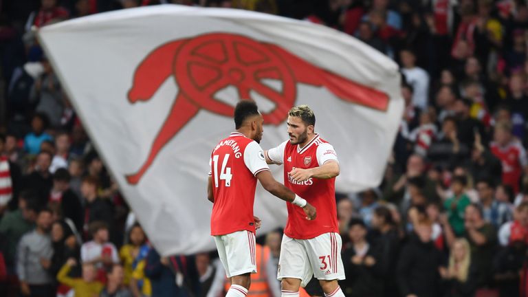 Pierre-Emerick Aubameyang and Sead Kolasinac celebrate Arsenal's win over Aston Villa