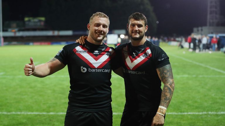 Picture by Allan McKenzie/SWpix.com - 06/09/2019 - Rugby League - Betfred Super League - Hull KR v London Broncos - KC Lightstream Stadium, Hull, England - Jay Pitts of London Broncos and Jordan Abdull celebrate at full time 