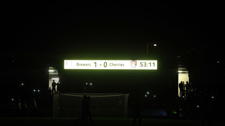 A view of the scoreboard as the lights go out during the Carabao Cup, Third Round match between Burton and Bournemouth