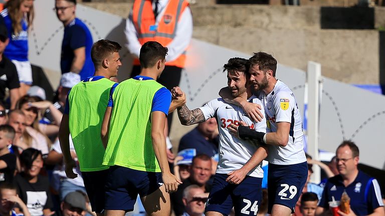 Preston North End's Sean McGuire (Centre right) celebrates after he scores his sides first goal.
