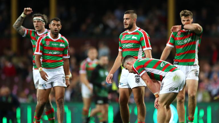 Rabbitohs players recover during the NRL Qualifying Final match against the Sydney Roosters 