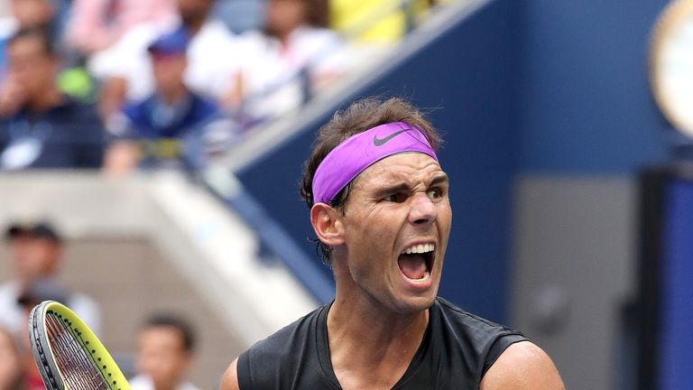 Rafael Nadal of Spain celebrates winning the first set during his Men's Singles final match against Daniil Medvedev of Russia on day fourteen of the 2019 US Open at the USTA Billie Jean King National Tennis Center on September 08, 2019 in the Queens borough of New York City. 