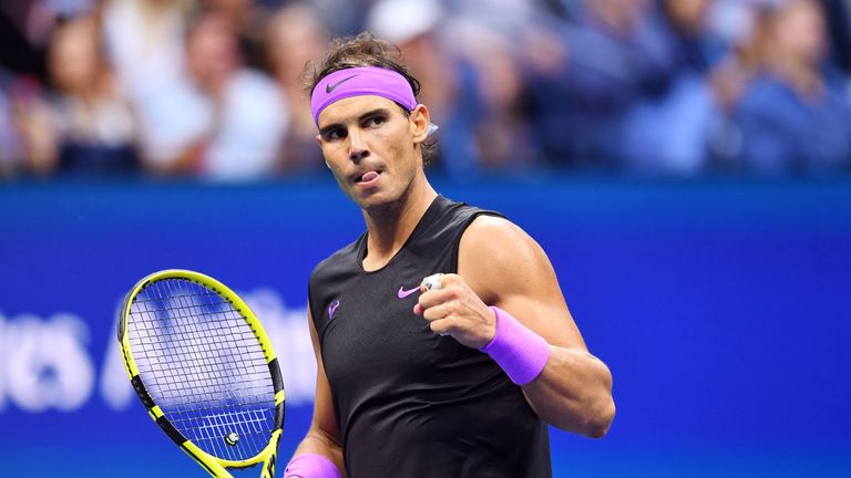 Rafael Nadal of Spain reacts after a point against Daniil Medvedev of Russia during the men's Singles Finals match at the 2019 US Open at the USTA Billie Jean King National Tennis Center in New York on September 8, 2019.