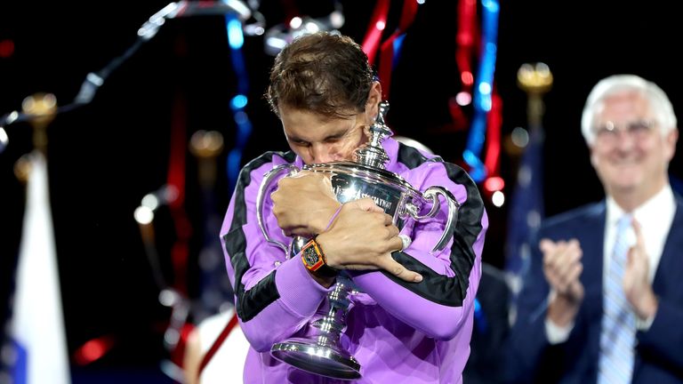 Rafael Nadal of Spain celebrates with the championship trophy during the trophy presentation ceremony after winning his Men's Singles final match against Daniil Medvedev of Russia on day fourteen of the 2019 US Open at the USTA Billie Jean King National Tennis Center on September 08, 2019 in the Queens borough of New York City. 