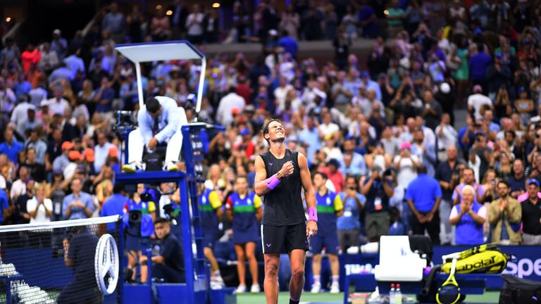 Rafael Nadal of Spain celebrates his victory over Daniil Medvedev of Russia during the men's Singles Finals match at the 2019 US Open at the USTA Billie Jean King National Tennis Center in New York on September 8, 2019