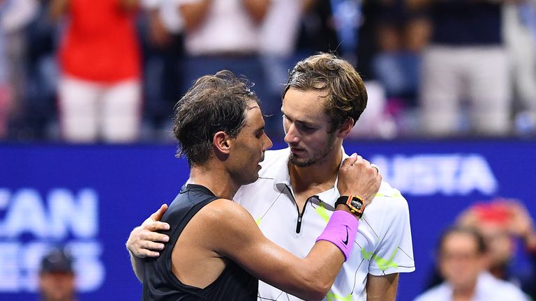 Rafael Nadal of Spain (L) celebrates his victory over Daniil Medvedev of Russia (R) during the men&#39;s Singles Finals match at the 2019 US Open at the USTA Billie Jean King National Tennis Center in New York on September 8, 2019