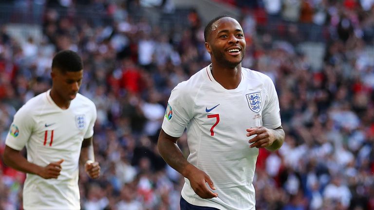 Raheem Sterling celebrates scoring against Bulgaria