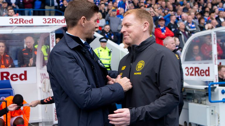 Rangers manager Steven Gerrard shakes hands with Celtic boss Neil Lennon