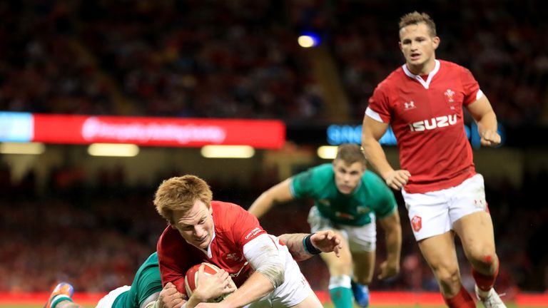 Wales' Rhys Patchell scores their second try during the international friendly at The Principality Stadium, Cardiff.