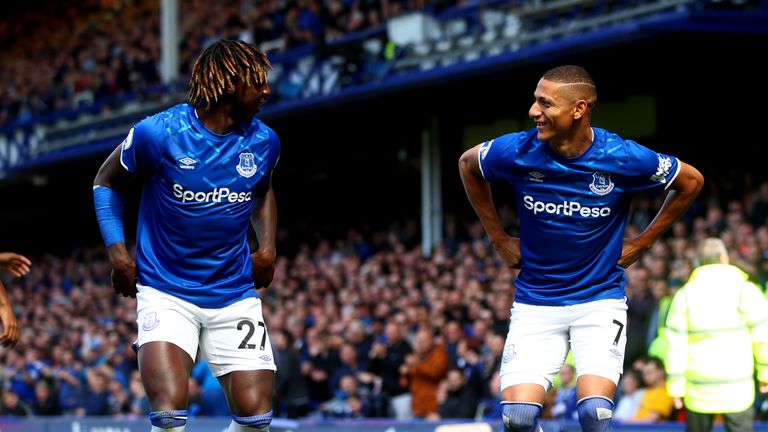 Richarlison celebrates Everton's first goal of the game with team-mate Moise Kean