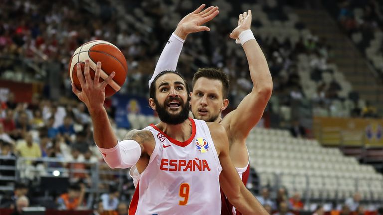 Ricky Rubio of Spain drives against Adam Waczynski of Poland during the quarter final match between Spain and Poland of 2019 FIBA World Cup