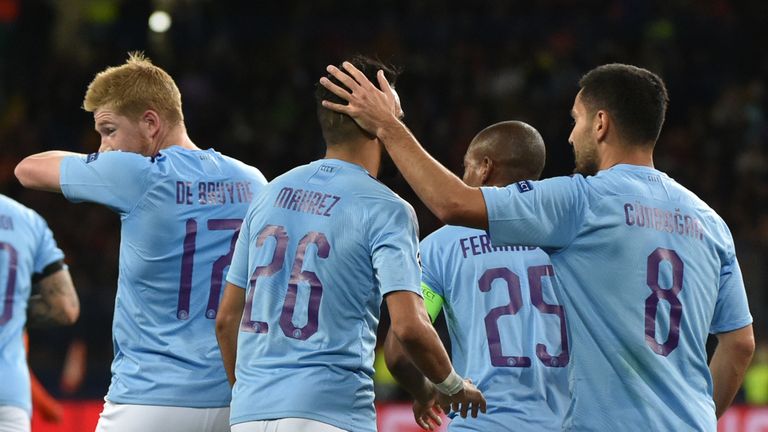 Manchester City celebrate after Riyad Mahrez&#39;s goal against Shakhtar Donetsk in the Champions League